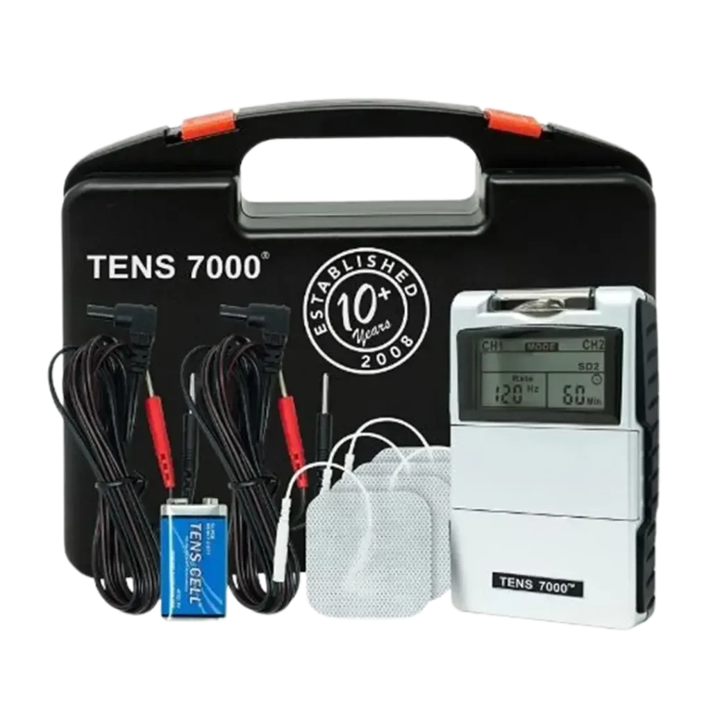The TENS 7000 Digital TENS device, recognized as one of the best electric muscle stimulators for pain management.