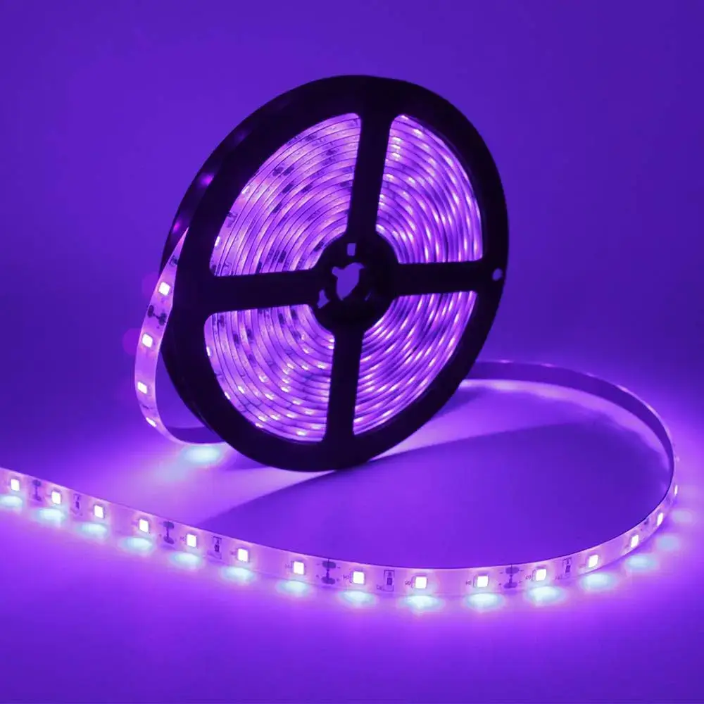 An LED lighting strip emitting a vibrant purple hue, showcasing the type of lighting used in do-it-yourself LED nail dryer setups for innovative nail art.