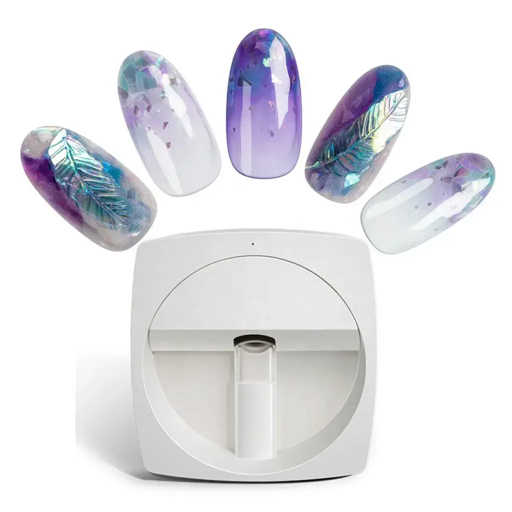 Artistic nail designs emanating from a digital nail art printer, exemplifying the working mechanism of digital nail art printers that translate digital designs into wearable art.
