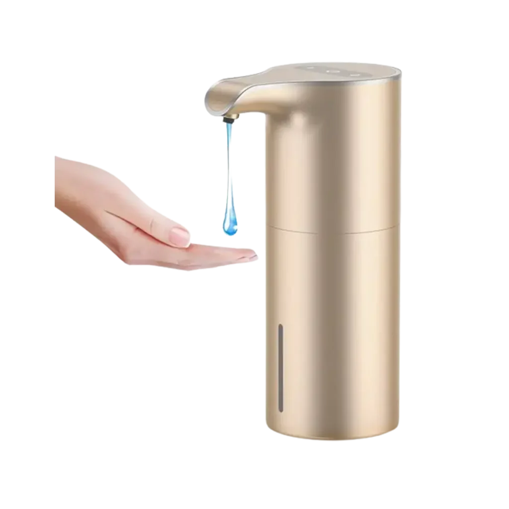 Hand receiving a blue drop of soap from the YIKHOM automatic soap dispenser, acclaimed as one of the best-rated in elegance and efficiency.
